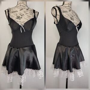 Frederick's Of Hollywood Vtg Black Satin Gothic Maid Size Small Mini Dress